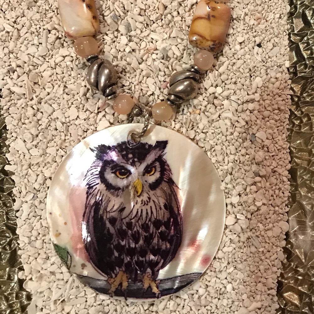 Hand painted owl moochite necklace
